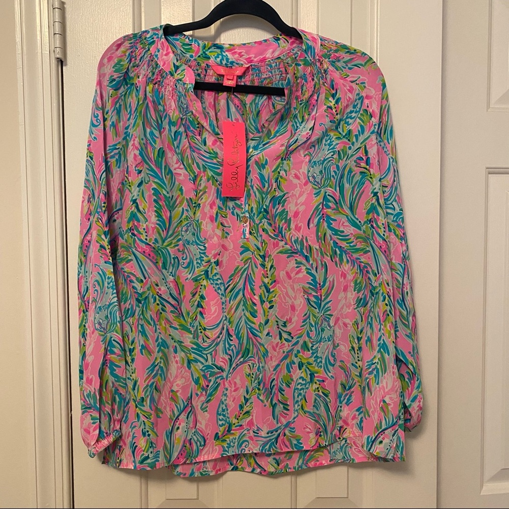 Lilly Pulitzer Elsa Unicorn of the Sea 100% Silk Long Sleeve Top